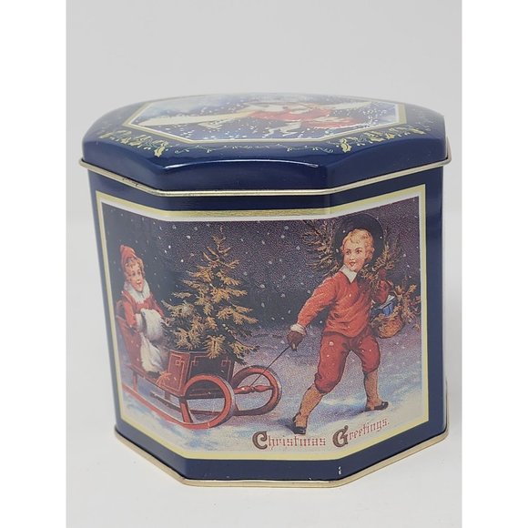 The Tin Box Company Of America Small Octogon‎ Christmas Tin By Wood River - Picture 2 of 11